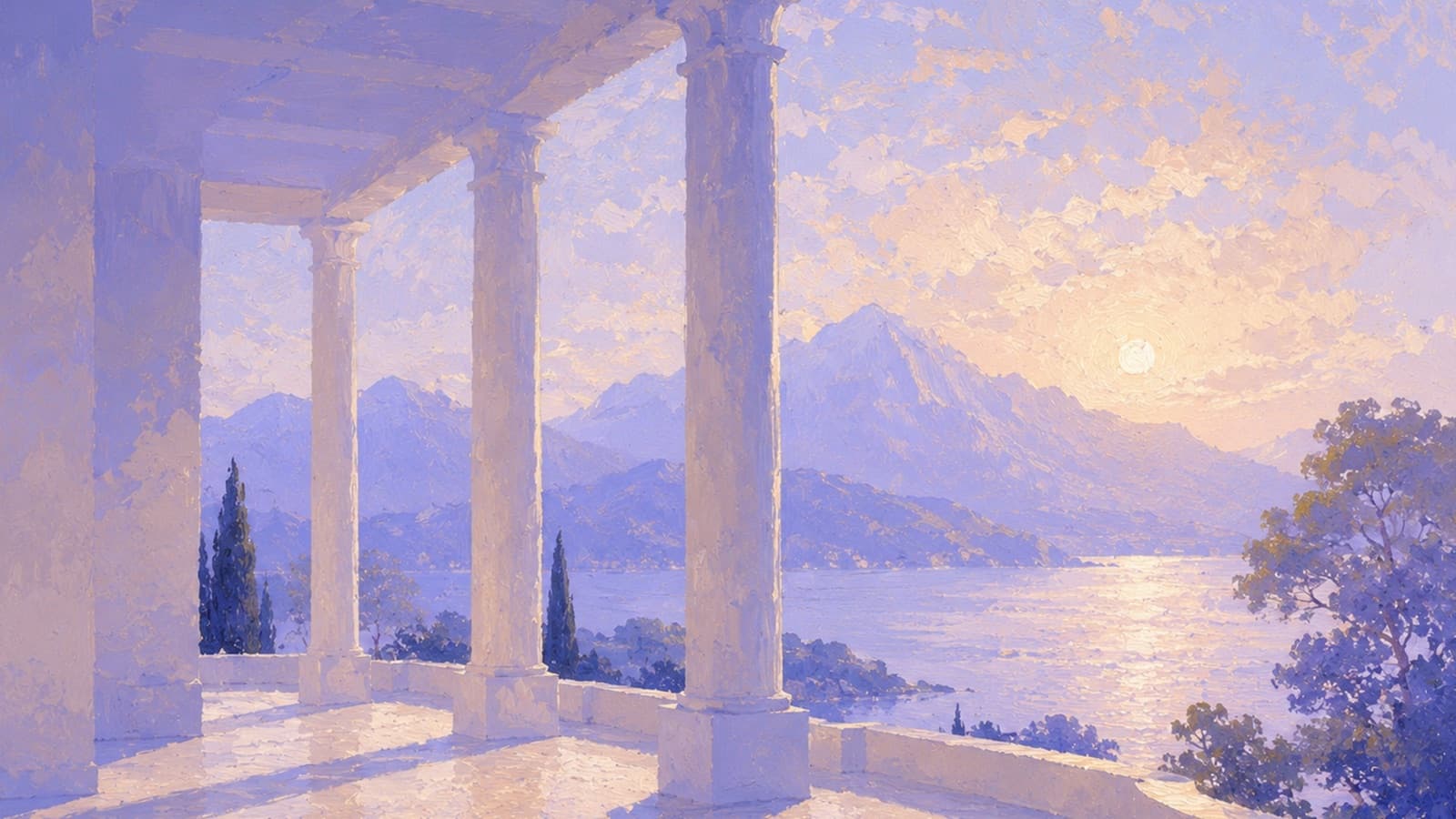Colonnade overlooking a lake at dawn