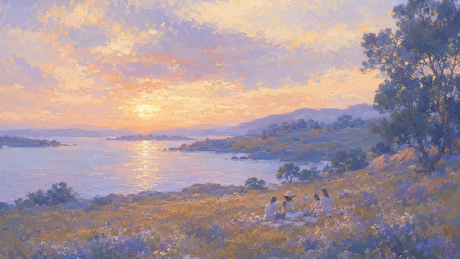 Picnic above a bay at dawn