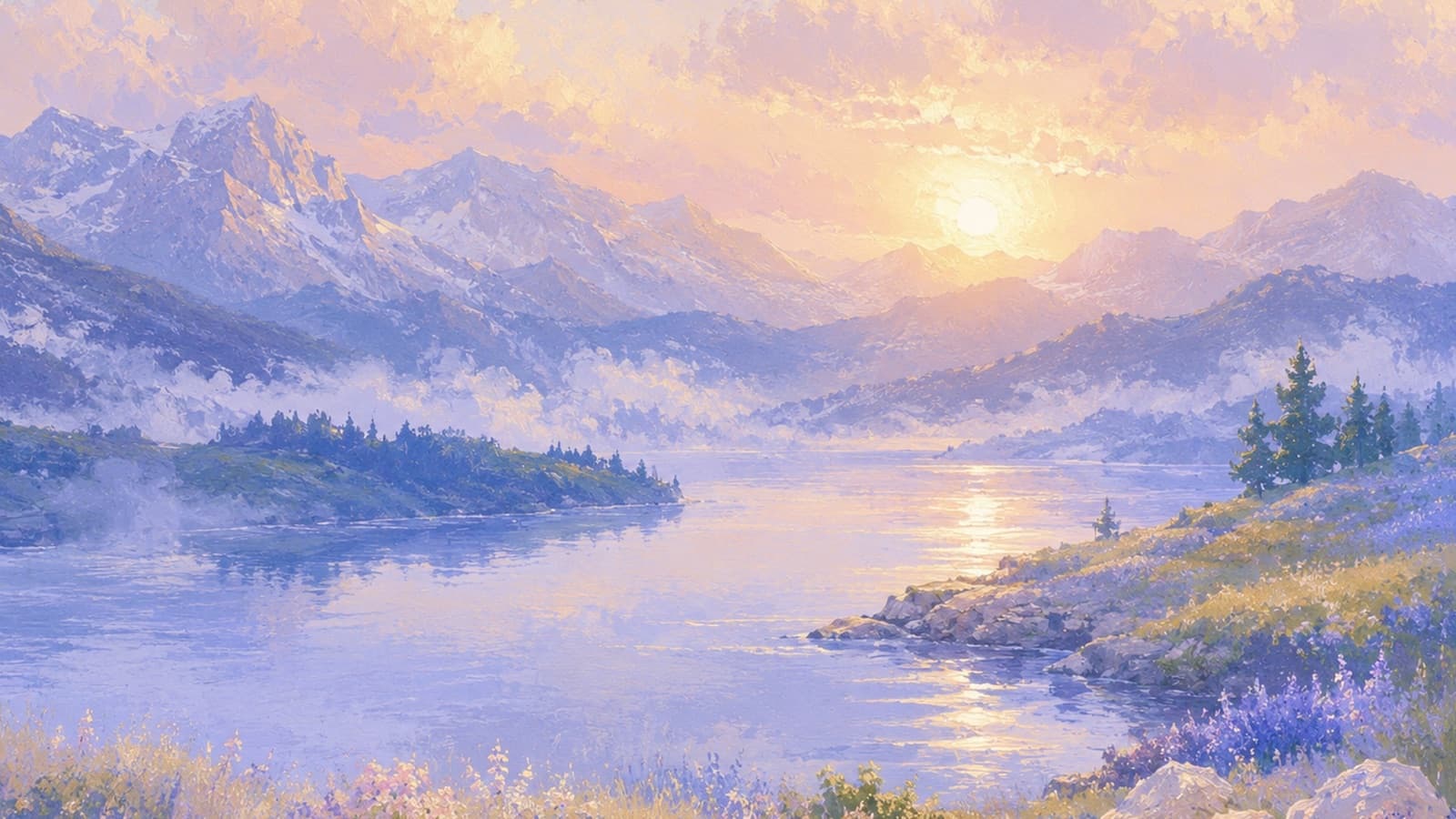 Snowy peaks over a lake at dawn