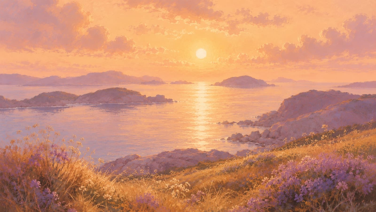 Sunset over a bay with islands