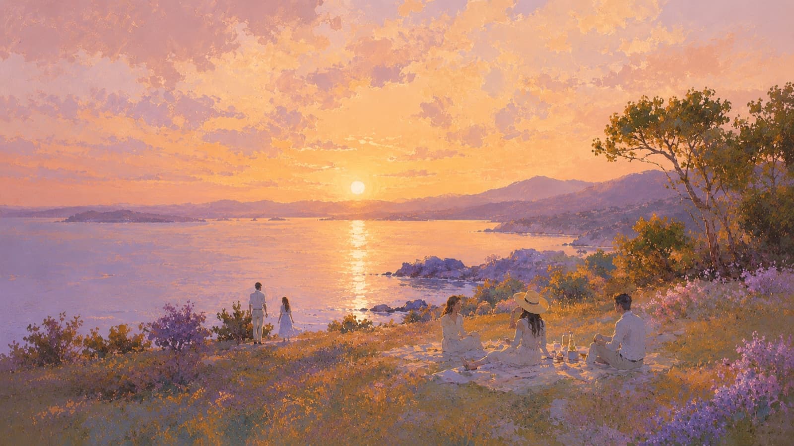 Picnic above a bay at sunset