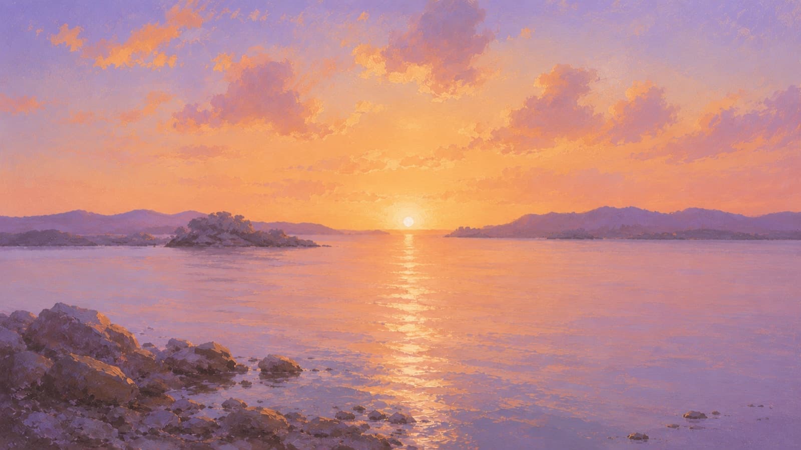 Still water and islets at dusk
